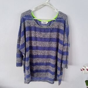Perch Blu Pepper Striped Top 2X Oversized Neon Trim Soft Knit Casual Boho